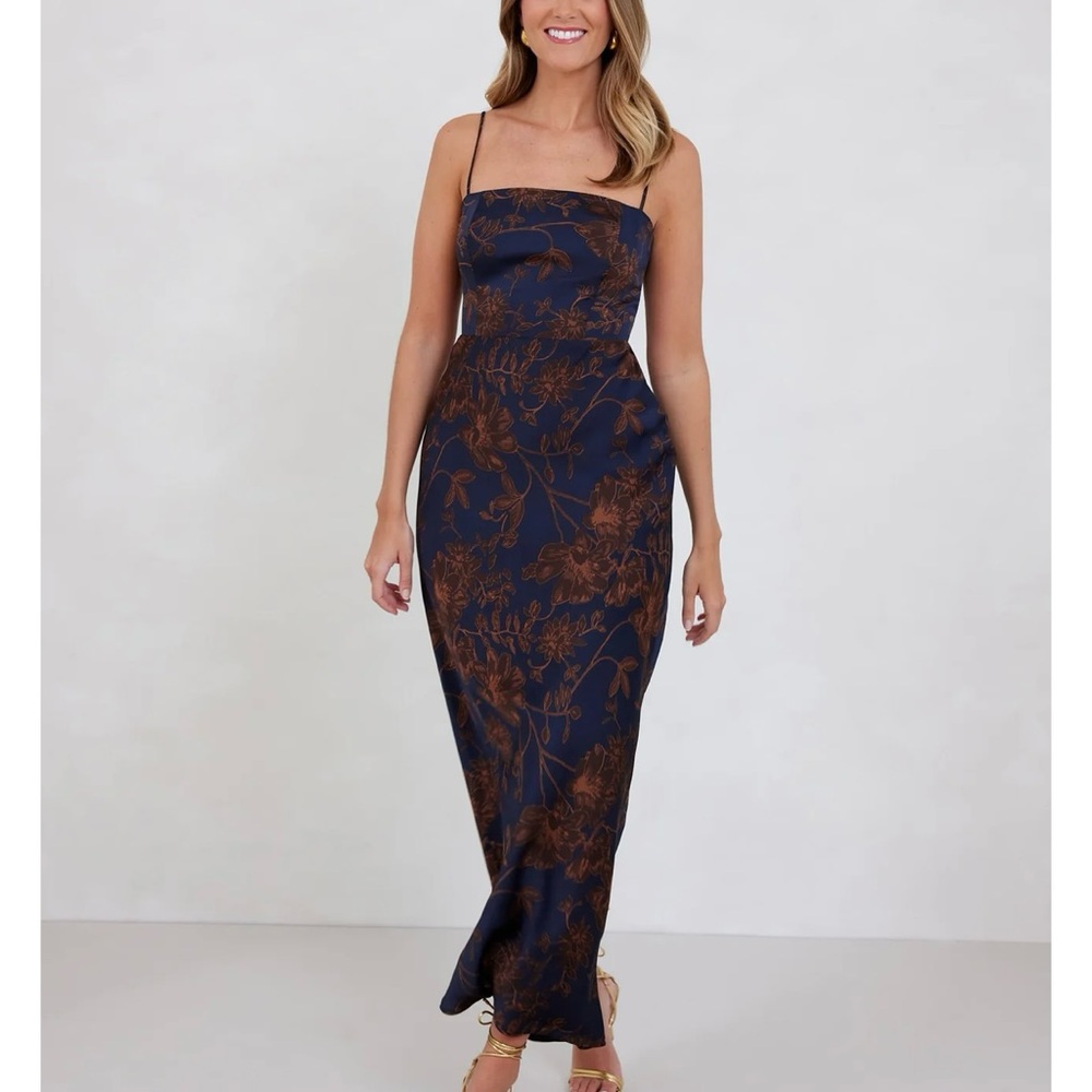 Elegant Navy and Brown Floral Dress